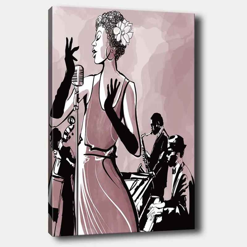 Lerretsbilde 70x100 cm - Elegant sanger i fokus, omgitt av musikere som skaper en jazzaktig atmosfære, Mørk rosa / Svart / Hvit