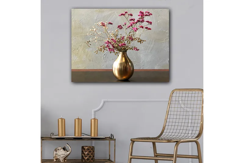 Lerretsbilde 70x100 cm - Elegant vase med tørkede blomster i rosa og beige nyanser - Gull / Rosa / Beige - Innredning - Bilder & kunst - Lerretsbilder