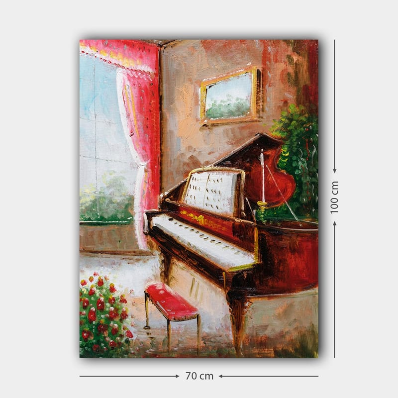 Lerretsbilde 70x100 cm - Elegant pianohjørne med et rødt piano og en benk i et lyst og innbydende miljø - Rød / Grønn / Beige - Innredning - Bilder & kunst - Lerretsbilder