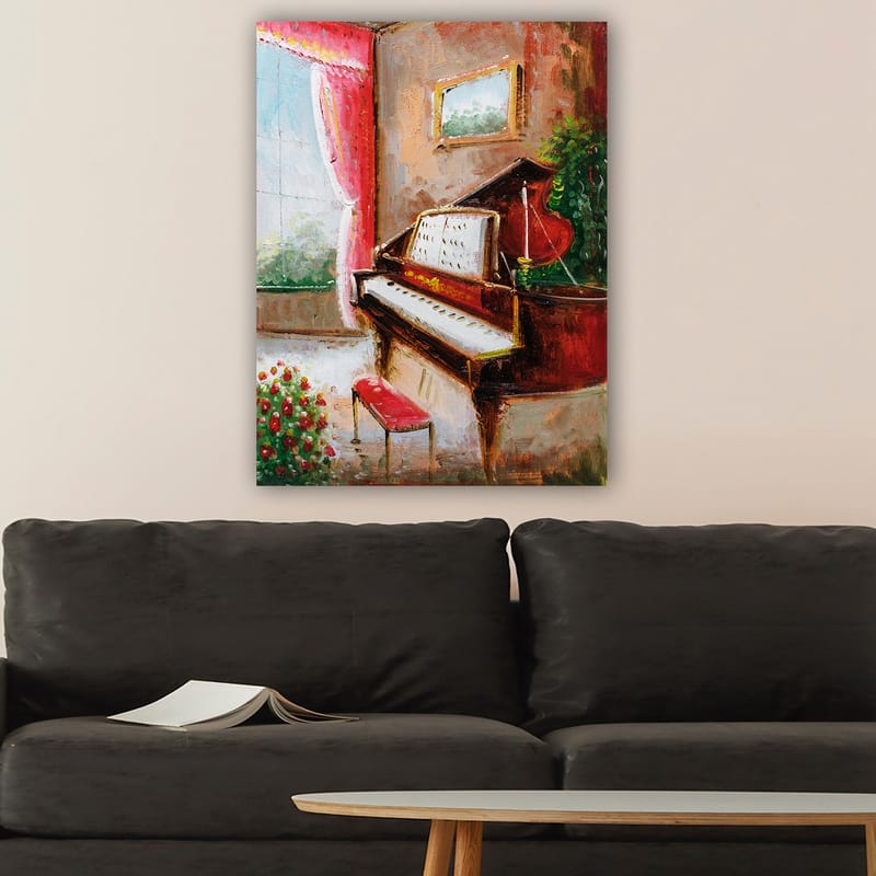 Lerretsbilde 70x100 cm - Elegant pianohjørne med et rødt piano og en benk i et lyst og innbydende miljø - Rød / Grønn / Beige - Innredning - Bilder & kunst - Lerretsbilder