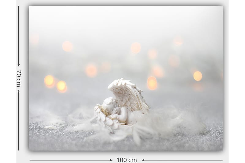 Lerretsbilde 70x100 cm - Engel hviler på en myk overflate, omgitt av lyse og drømmeaktige elementer - Hvit / Lys grå - Innredning - Bilder & kunst - Lerretsbilder