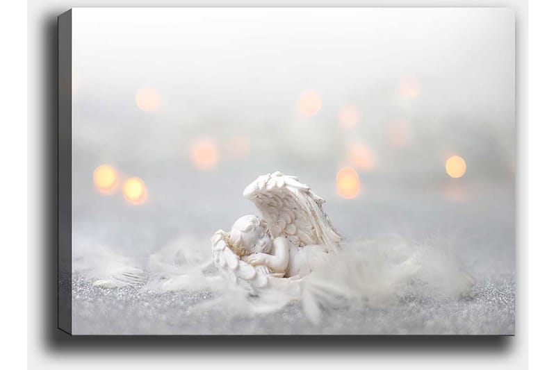 Lerretsbilde 70x100 cm - Engel hviler på en myk overflate, omgitt av lyse og drømmeaktige elementer - Hvit / Lys grå - Innredning - Bilder & kunst - Lerretsbilder