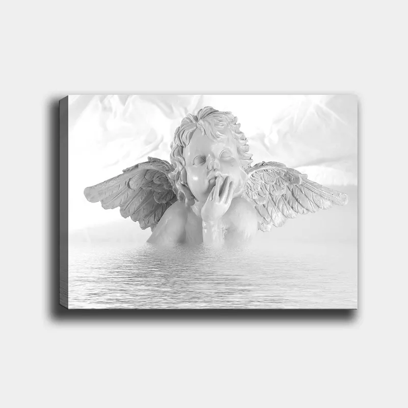 Lerretsbilde 70x100 cm - Engel med en tankefull positur delvis nedsenket i vann - Hvit / Lys grå - Innredning - Bilder & kunst - Lerretsbilder
