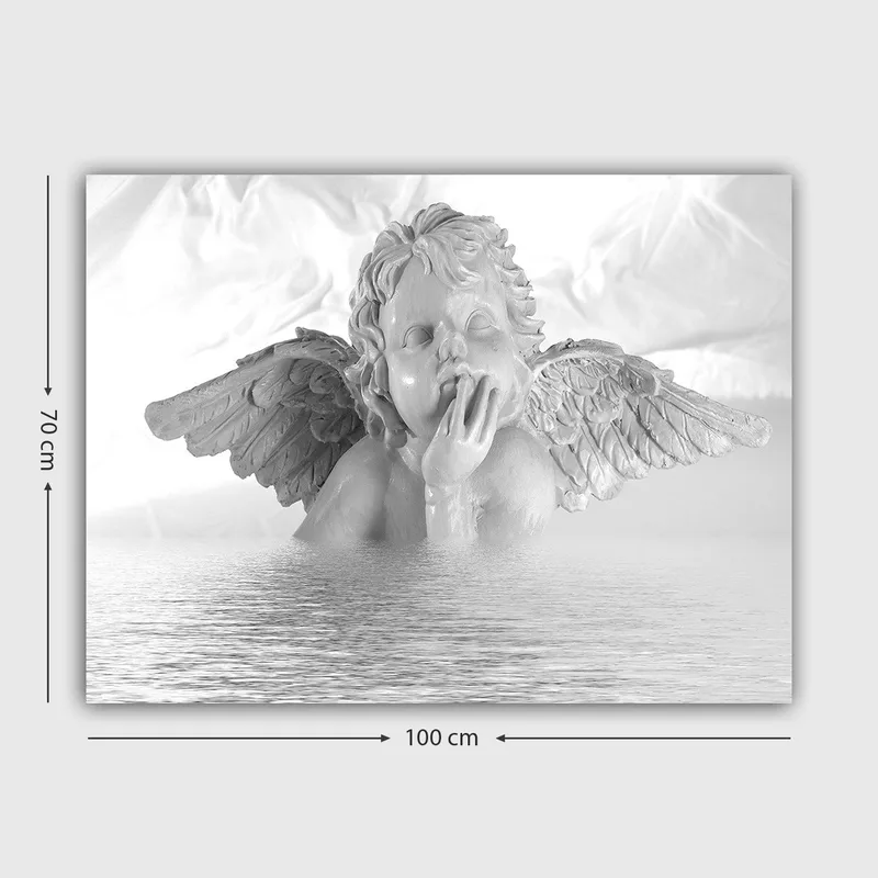 Lerretsbilde 70x100 cm - Engel med en tankefull positur delvis nedsenket i vann - Hvit / Lys grå - Innredning - Bilder & kunst - Lerretsbilder