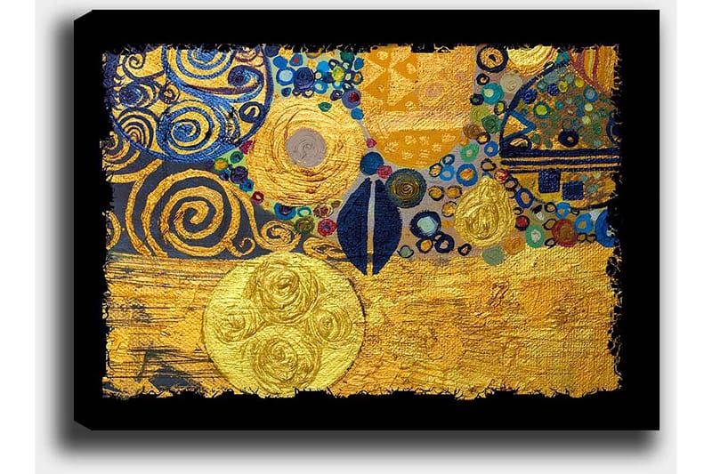 Lerretsbilde 70x100 cm - Et abstrakt kunstverk med gylne sirkler og svarte spiraler som skaper en dynamisk komposisjon - Gull / Blå / Svart - Innredning - Bilder & kunst - Lerretsbilder