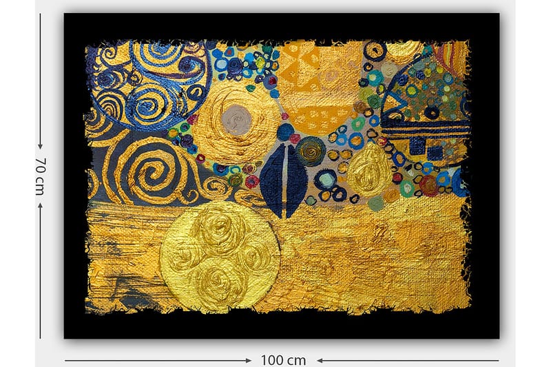 Lerretsbilde 70x100 cm - Et abstrakt kunstverk med gylne sirkler og svarte spiraler som skaper en dynamisk komposisjon - Gull / Blå / Svart - Innredning - Bilder & kunst - Lerretsbilder
