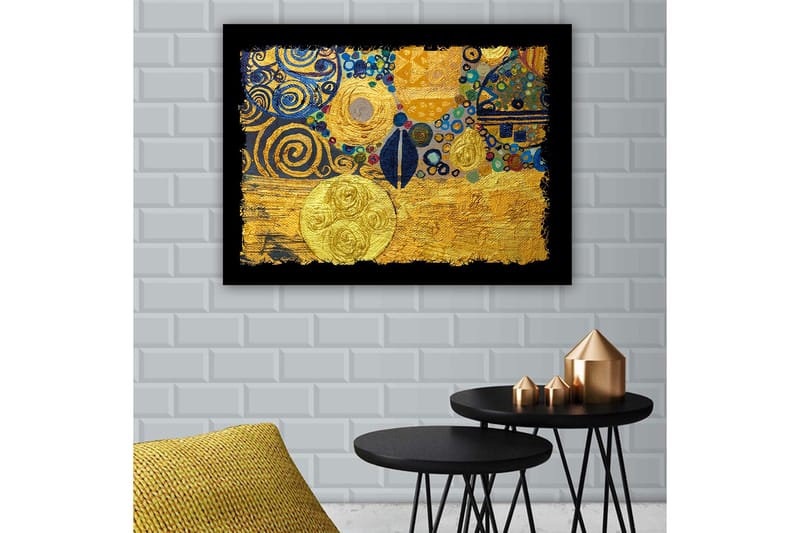 Lerretsbilde 70x100 cm - Et abstrakt kunstverk med gylne sirkler og svarte spiraler som skaper en dynamisk komposisjon - Gull / Blå / Svart - Innredning - Bilder & kunst - Lerretsbilder