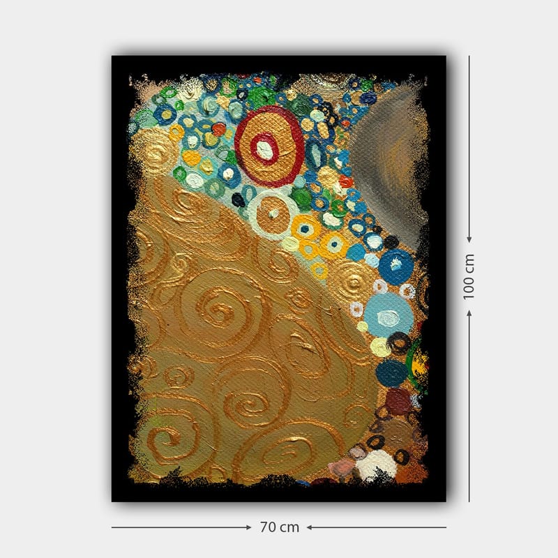 Lerretsbilde 70x100 cm - Et abstrakt kunstverk med gylne spiraler og fargerike sirkler - Gull / Blå / Grønn - Innredning - Bilder & kunst - Lerretsbilder