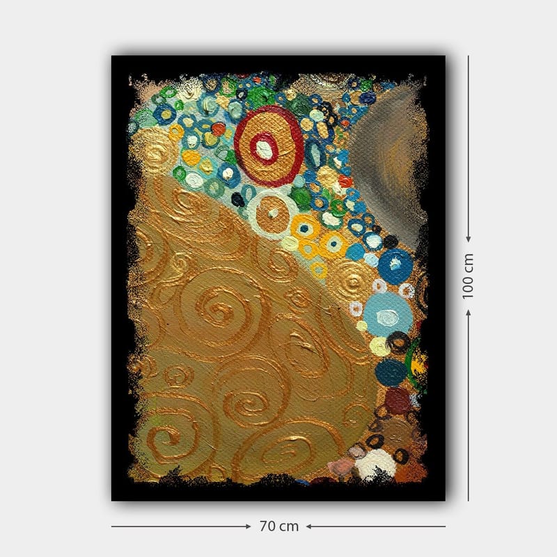 Lerretsbilde 70x100 cm - Et abstrakt kunstverk med gylne spiraler og fargerike sirkler - Gull / Blå / Grønn - Innredning - Bilder & kunst - Lerretsbilder