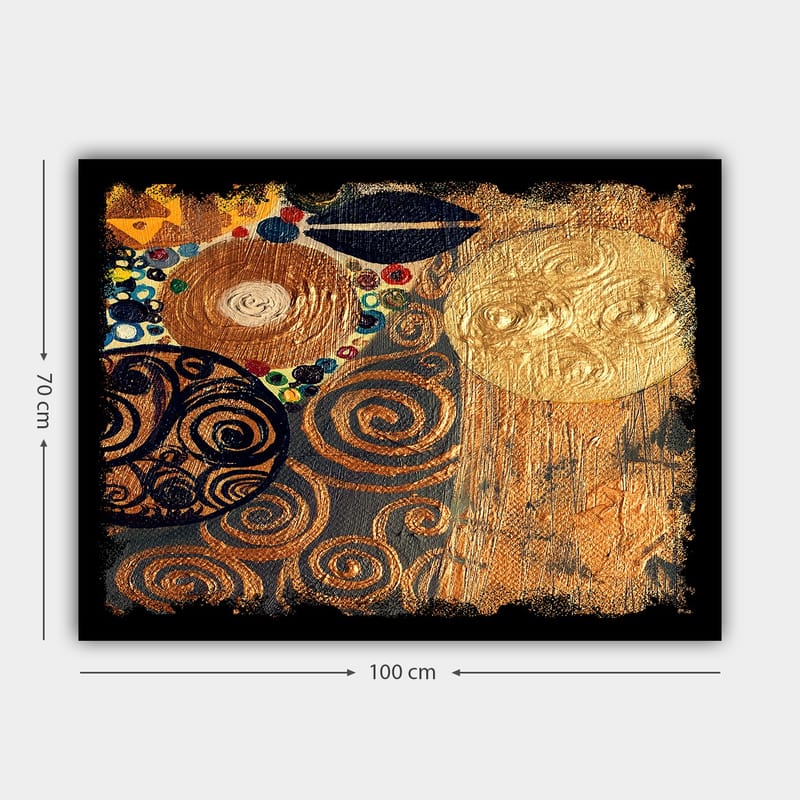 Lerretsbilde 70x100 cm - Et abstrakt kunstverk med spiraler og sirkler i gull og mørke nyanser - Gull / Svart / Brun - Innredning - Bilder & kunst - Lerretsbilder