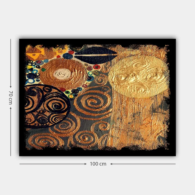 Lerretsbilde 70x100 cm - Et abstrakt kunstverk med spiraler og sirkler i gull og mørke nyanser - Gull / Svart / Brun - Innredning - Bilder & kunst - Lerretsbilder
