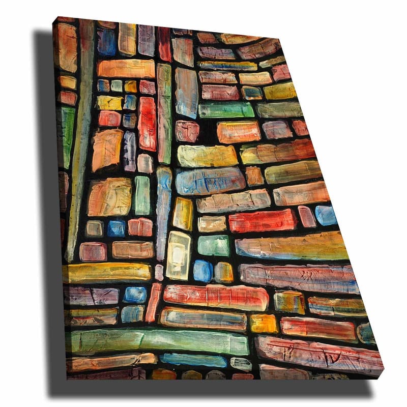 Lerretsbilde 70x100 cm - Et abstrakt mønster av fargerike blokker som skaper en følelse av dybde og struktur, Rød / Grønn / Blå