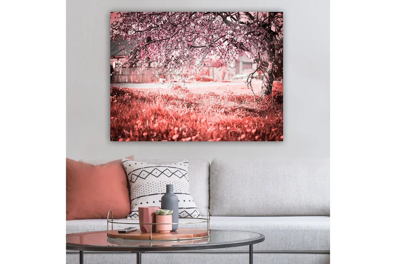 Lerretsbilde 70x100 cm - Et blomstrende kirsebærtre i romantiske og drømmeaktige omgivelser - Rosa / Grå - Innredning - Bilder & kunst - Lerretsbilder