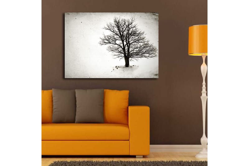 Lerretsbilde 70x100 cm - Et ensomt, bladløst tre i et snødekt landskap - Svart / Hvit - Innredning - Bilder & kunst - Lerretsbilder
