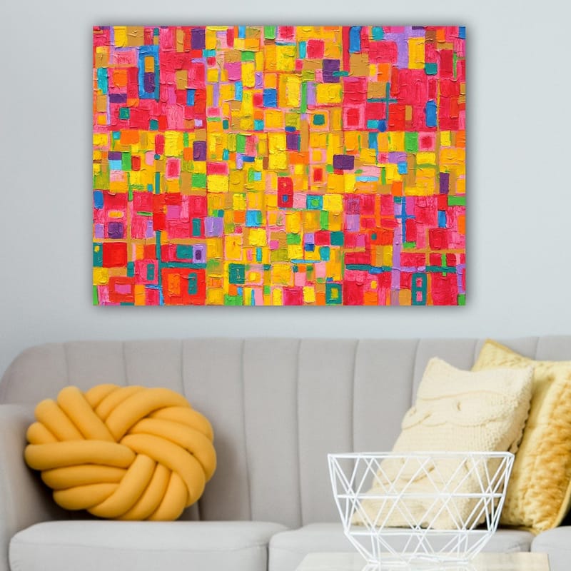 Lerretsbilde 70x100 cm - Et fargerikt abstrakt mønster med firkantede former som skaper en livlig og energisk følelse - Rød / Gul / Grønn - Innredning - Bilder & kunst - Lerretsbilder