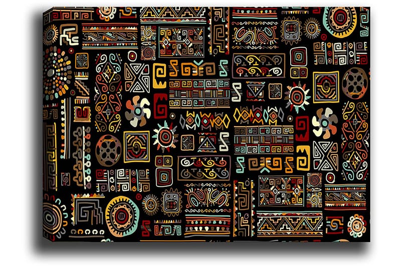 Lerretsbilde 70x100 cm - Et fargerikt geometrisk mønster med symbolske elementer - Svart / Rød / Gul - Innredning - Bilder & kunst - Lerretsbilder