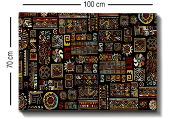 Lerretsbilde 70x100 cm - Et fargerikt geometrisk mønster med symbolske elementer - Svart / Rød / Gul - Innredning - Bilder & kunst - Lerretsbilder