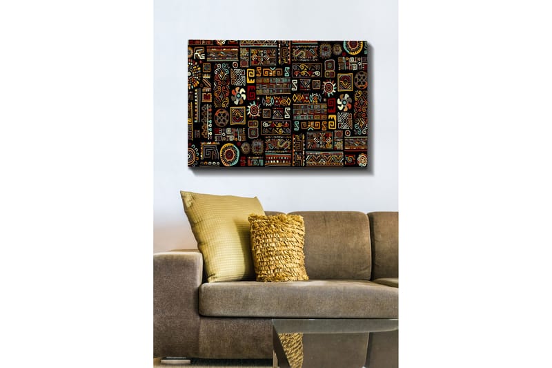 Lerretsbilde 70x100 cm - Et fargerikt geometrisk mønster med symbolske elementer, Svart / Rød / Gul