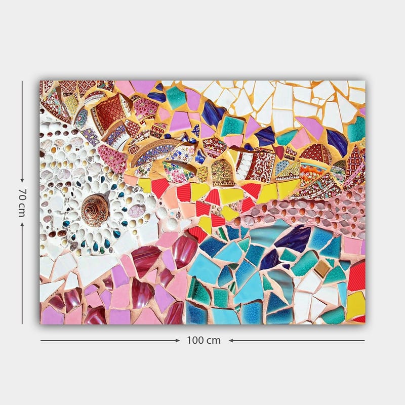 Lerretsbilde 70x100 cm - Et fargerikt mosaikkverk med skjell og geometriske former som skaper en levende komposisjon - Rosa / Blå / Gull - Innredning - Bilder & kunst - Lerretsbilder