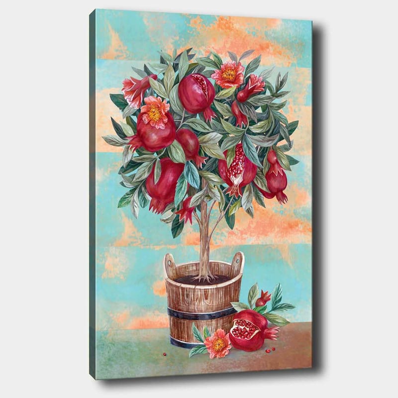 Lerretsbilde 70x100 cm - Et frukttre med granatepler og blomster i en trepotte, Rød / Grønn / Brun