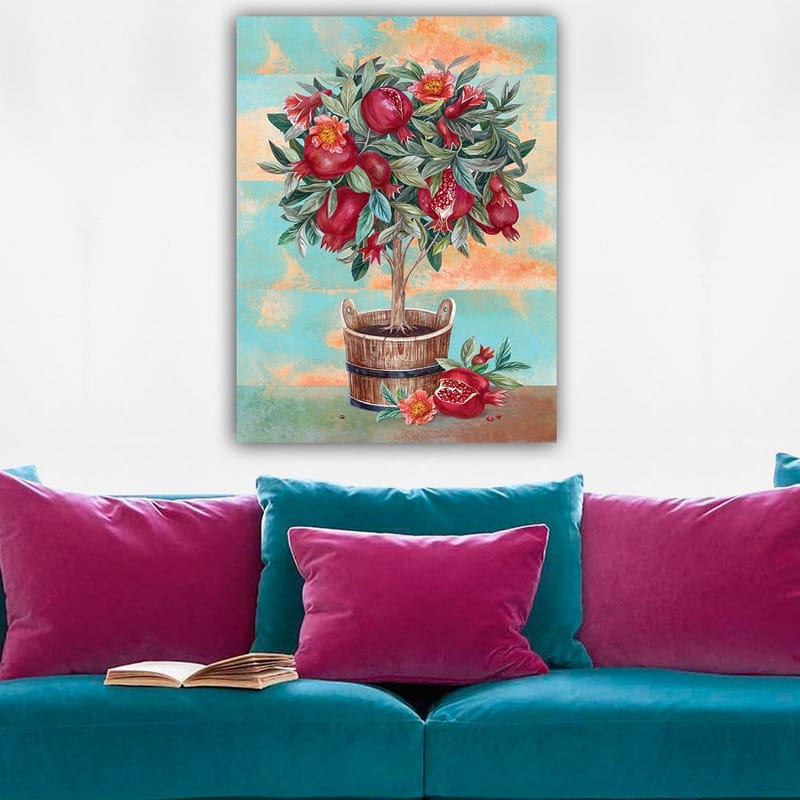 Lerretsbilde 70x100 cm - Et frukttre med granatepler og blomster i en trepotte - Rød / Grønn / Brun - Innredning - Bilder & kunst - Lerretsbilder