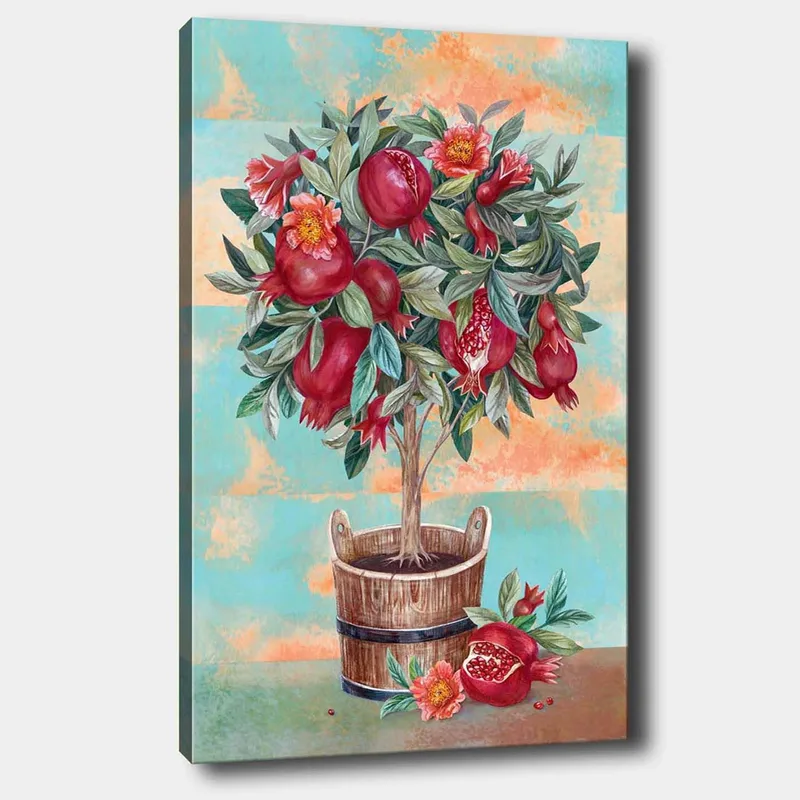 Lerretsbilde 70x100 cm - Et frukttre med granatepler og blomster i en trepotte, Rød / Grønn / Brun