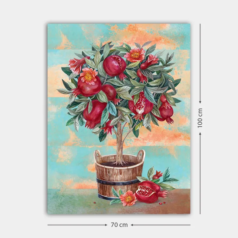 Lerretsbilde 70x100 cm - Et frukttre med granatepler og blomster i en trepotte - Rød / Grønn / Brun - Innredning - Bilder & kunst - Lerretsbilder