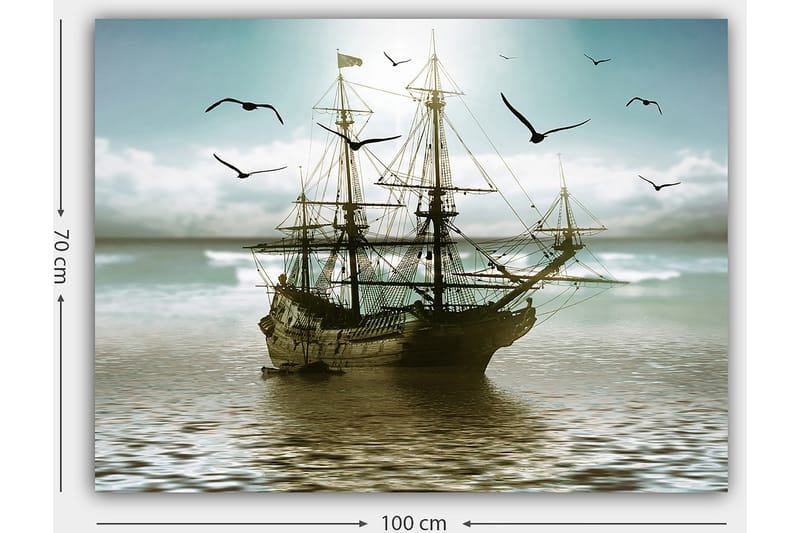 Lerretsbilde 70x100 cm - Et gammelt seilskip som navigerer gjennom rolige farvann under en lys himmel - Blå / Grå / Brun - Innredning - Bilder & kunst - Lerretsbilder