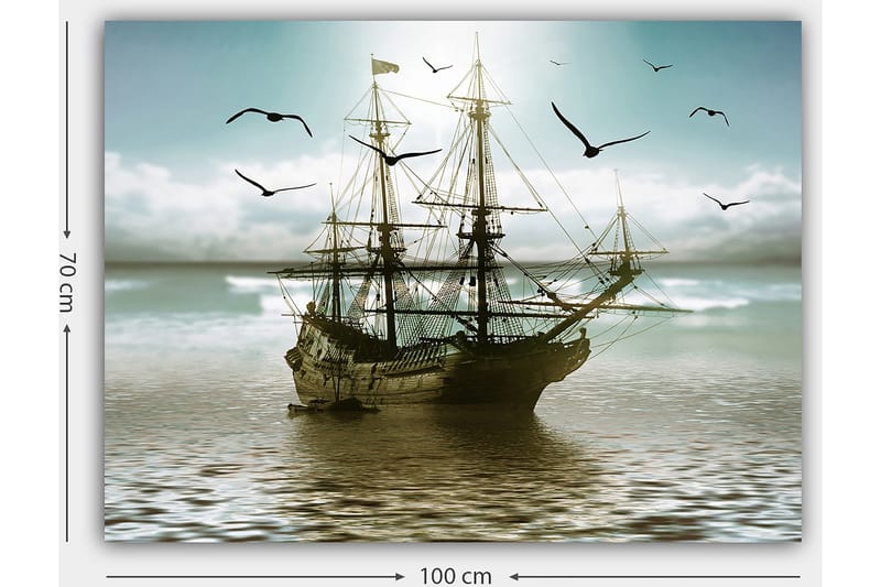 Lerretsbilde 70x100 cm - Et gammelt seilskip som navigerer gjennom rolige farvann under en lys himmel - Blå / Grå / Brun - Innredning - Bilder & kunst - Lerretsbilder