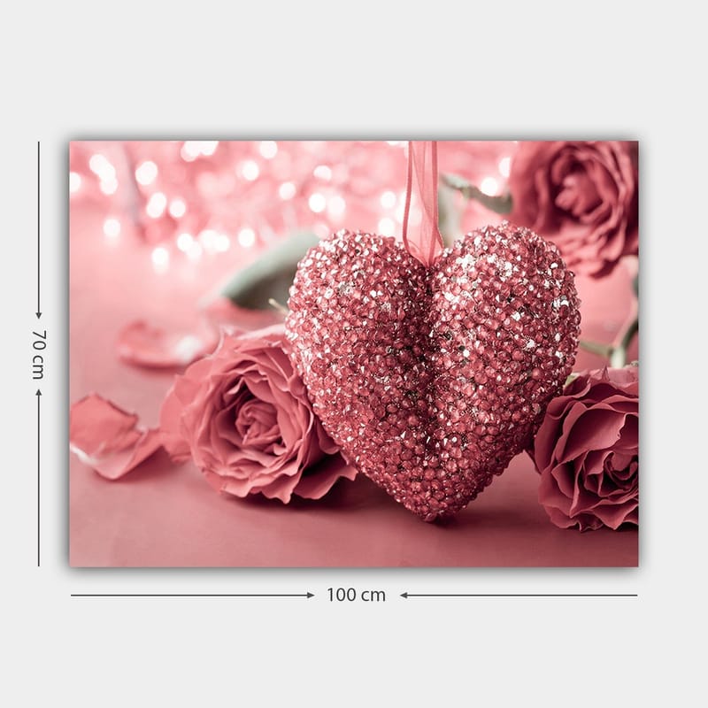 Lerretsbilde 70x100 cm - Et glitrende hjerte omgitt av rosa roser - Rosa / Mørk rosa - Innredning - Bilder & kunst - Lerretsbilder