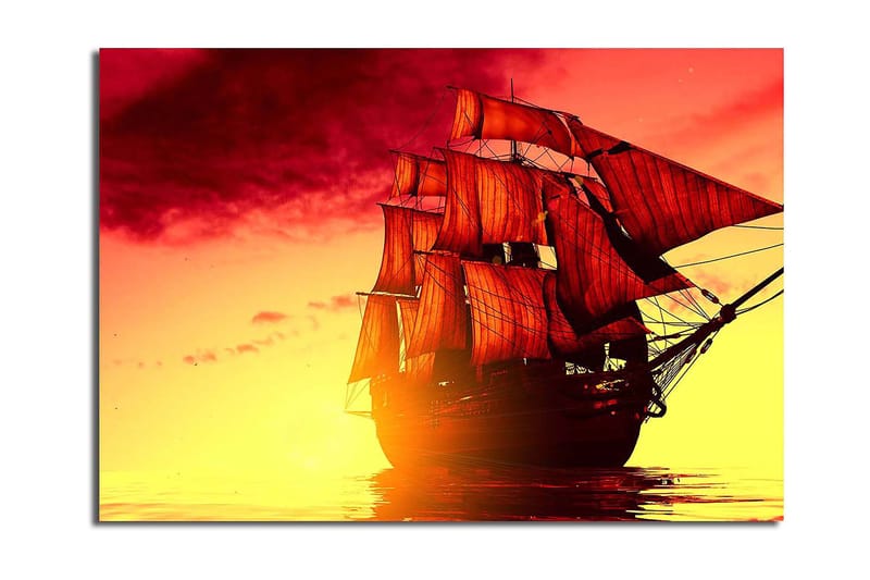 Lerretsbilde 70x100 cm - Et majestetisk seilskip med røde seil som navigerer gjennom en gyllen solnedgang - Rød / Oransje / Gul - Innredning - Bilder & kunst - Lerretsbilder