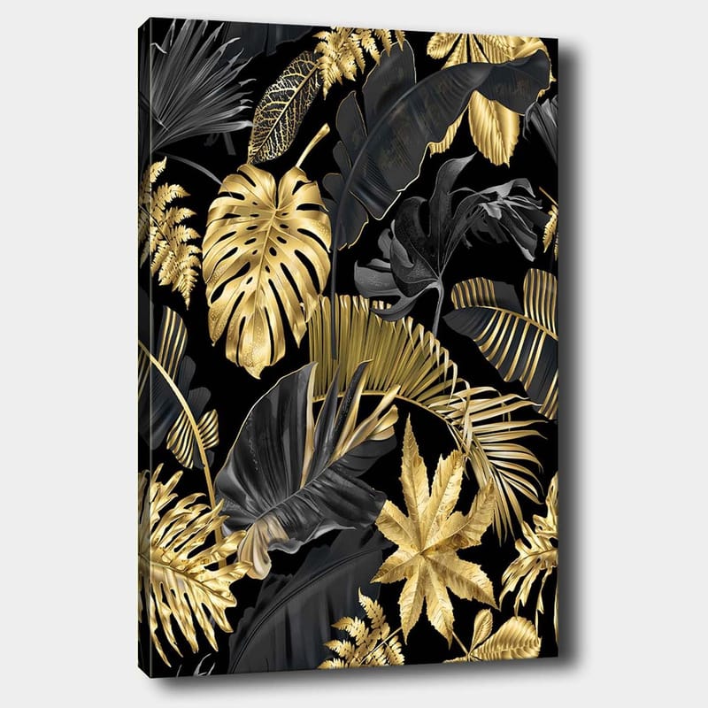 Lerretsbilde 70x100 cm - Et stilisert mønster av tropiske planter i gull og svart, Gull / Svart / Mørkegrønn