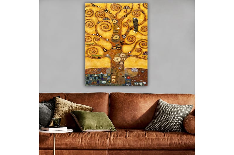Lerretsbilde 70x100 cm - Et stilisert tre med virvlende grener og en fugl, mot en gyllen bakgrunn - Gull / Brun / Svart - Innredning - Bilder & kunst - Lerretsbilder