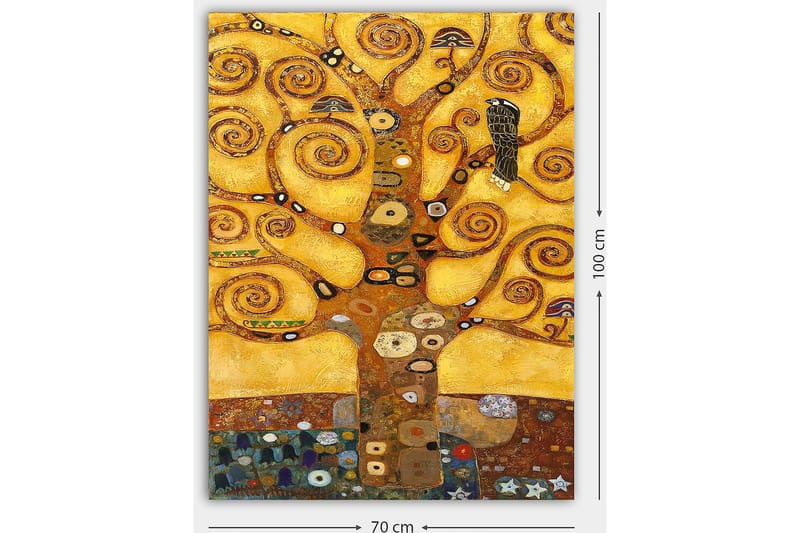 Lerretsbilde 70x100 cm - Et stilisert tre med virvlende grener og en fugl, mot en gyllen bakgrunn - Gull / Brun / Svart - Innredning - Bilder & kunst - Lerretsbilder