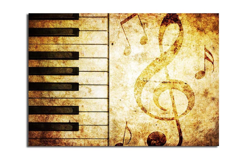 Lerretsbilde 70x100 cm - Et stilisert piano-keyboard med noter i et vintage-inspirert design, Gull / Brun / Svart