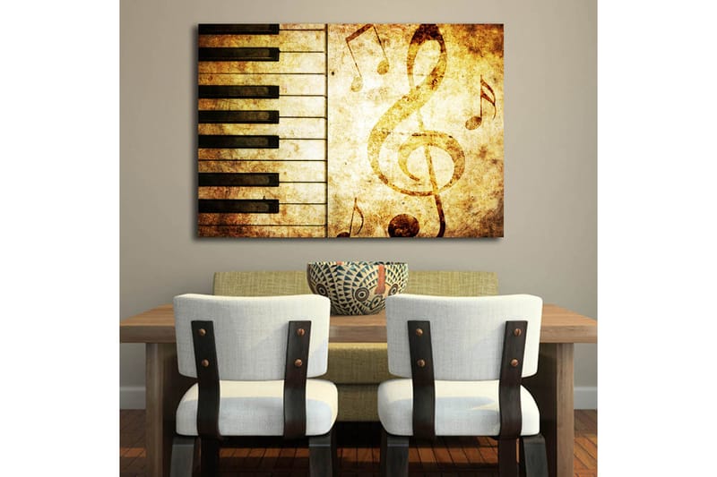 Lerretsbilde 70x100 cm - Et stilisert piano-keyboard med noter i et vintage-inspirert design - Gull / Brun / Svart - Innredning - Bilder & kunst - Lerretsbilder
