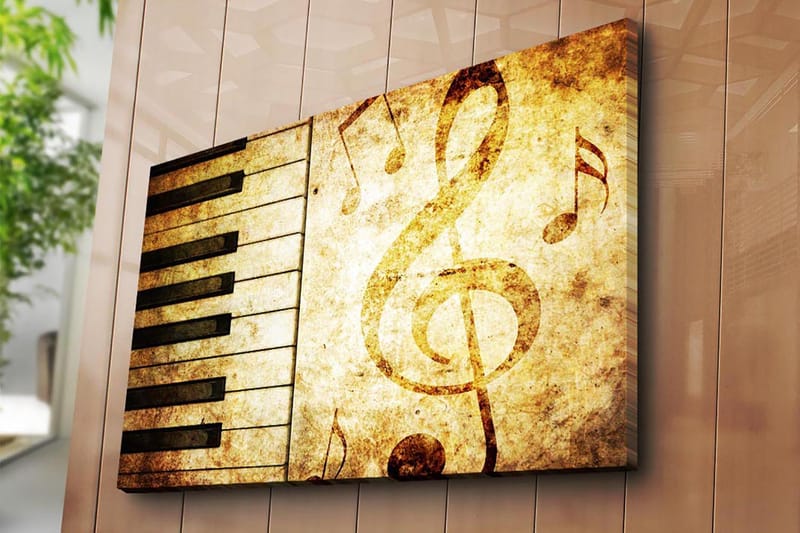 Lerretsbilde 70x100 cm - Et stilisert piano-keyboard med noter i et vintage-inspirert design - Gull / Brun / Svart - Innredning - Bilder & kunst - Lerretsbilder
