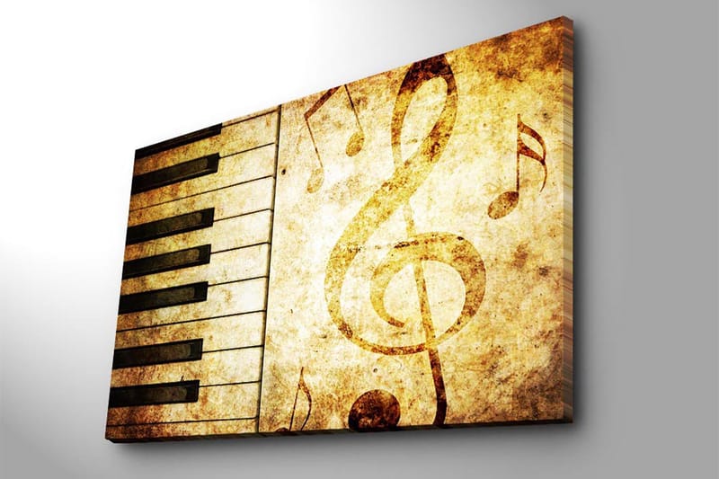 Lerretsbilde 70x100 cm - Et stilisert piano-keyboard med noter i et vintage-inspirert design - Gull / Brun / Svart - Innredning - Bilder & kunst - Lerretsbilder