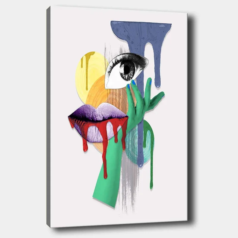 Lerretsbilde 70x100 cm - Et surrealistisk portrett med et øye, lepper og en hånd i livlige farger, Grønn / Lilla / Rød