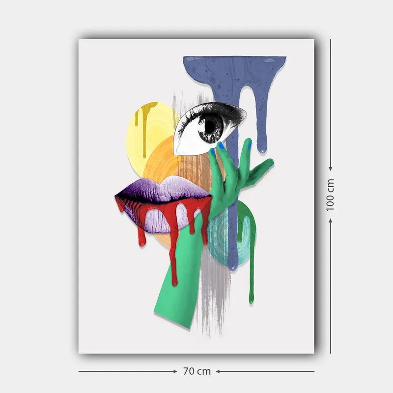 Lerretsbilde 70x100 cm - Et surrealistisk portrett med et øye, lepper og en hånd i livlige farger - Grønn / Lilla / Rød - Innredning - Bilder & kunst - Lerretsbilder