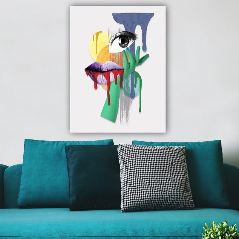 Lerretsbilde 70x100 cm - Et surrealistisk portrett med et øye, lepper og en hånd i livlige farger - Grønn / Lilla / Rød - Innredning - Bilder & kunst - Lerretsbilder