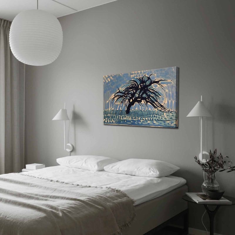 Lerretsbilde 70x100 cm - Et vindrammet tre mot en blå himmel - Blå / Svart / Beige - Innredning - Bilder & kunst - Lerretsbilder