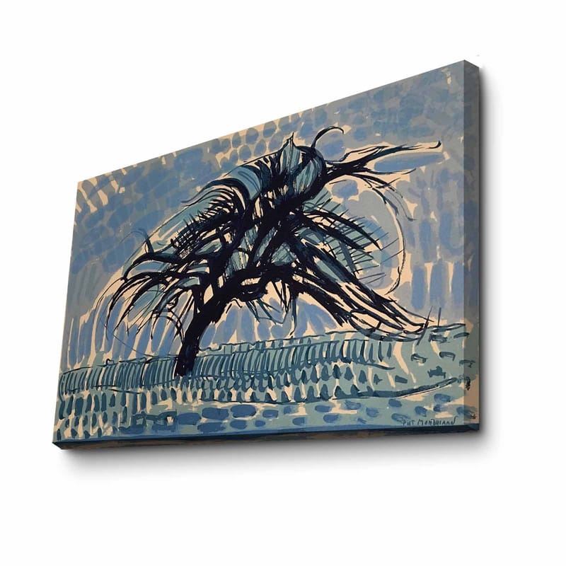 Lerretsbilde 70x100 cm - Et vindrammet tre mot en blå himmel, Blå / Svart / Beige