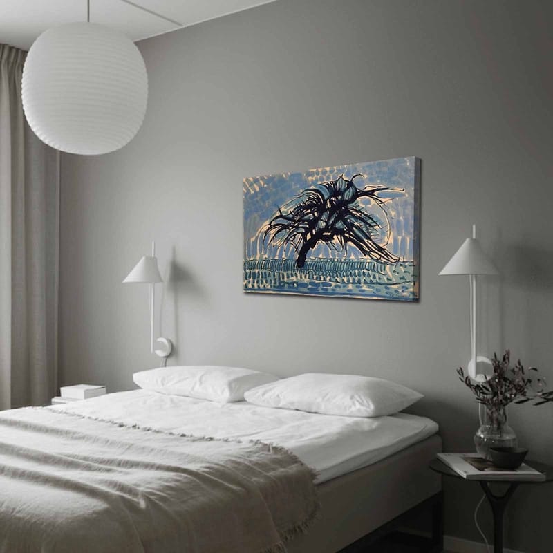 Lerretsbilde 70x100 cm - Et vindrammet tre mot en blå himmel - Blå / Svart / Beige - Innredning - Bilder & kunst - Lerretsbilder