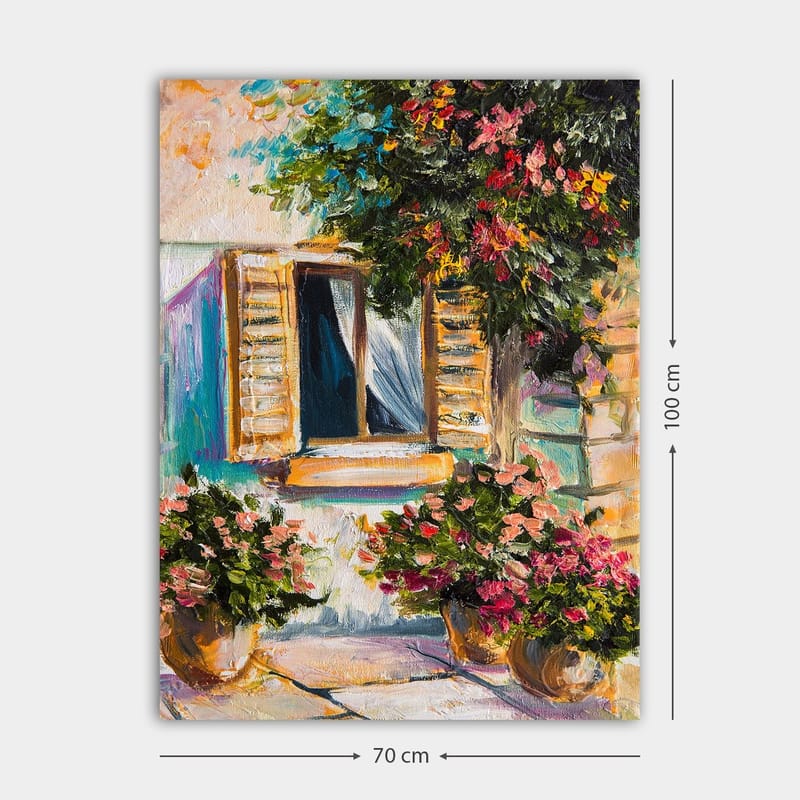 Lerretsbilde 70x100 cm - Et vindu med åpne persienner omgitt av blomster i potter - Grønn / Rosa / Beige - Innredning - Bilder & kunst - Lerretsbilder