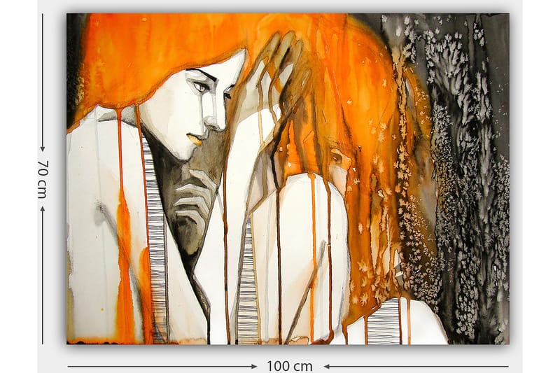 Lerretsbilde 70x100 cm - Følelsesmessig skildring av to kvinner som uttrykker intimitet og sårbarhet - Oransje / Svart / Grå - Innredning - Bilder & kunst - Lerretsbilder