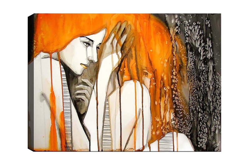 Lerretsbilde 70x100 cm - Følelsesmessig skildring av to kvinner som uttrykker intimitet og sårbarhet, Oransje / Svart / Grå