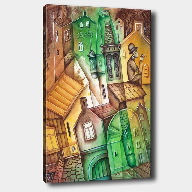 Lerretsbilde 70x100 cm - Fantasifullt bybilde med forvrengte hus og en mann i hatt som står og ser på omgivelsene, Grønn / Brun / Gul