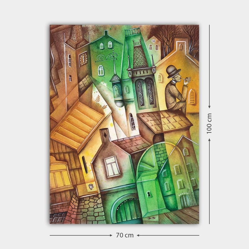 Lerretsbilde 70x100 cm - Fantasifullt bybilde med forvrengte hus og en mann i hatt som står og ser på omgivelsene - Grønn / Brun / Gul - Innredning - Bilder & kunst - Lerretsbilder