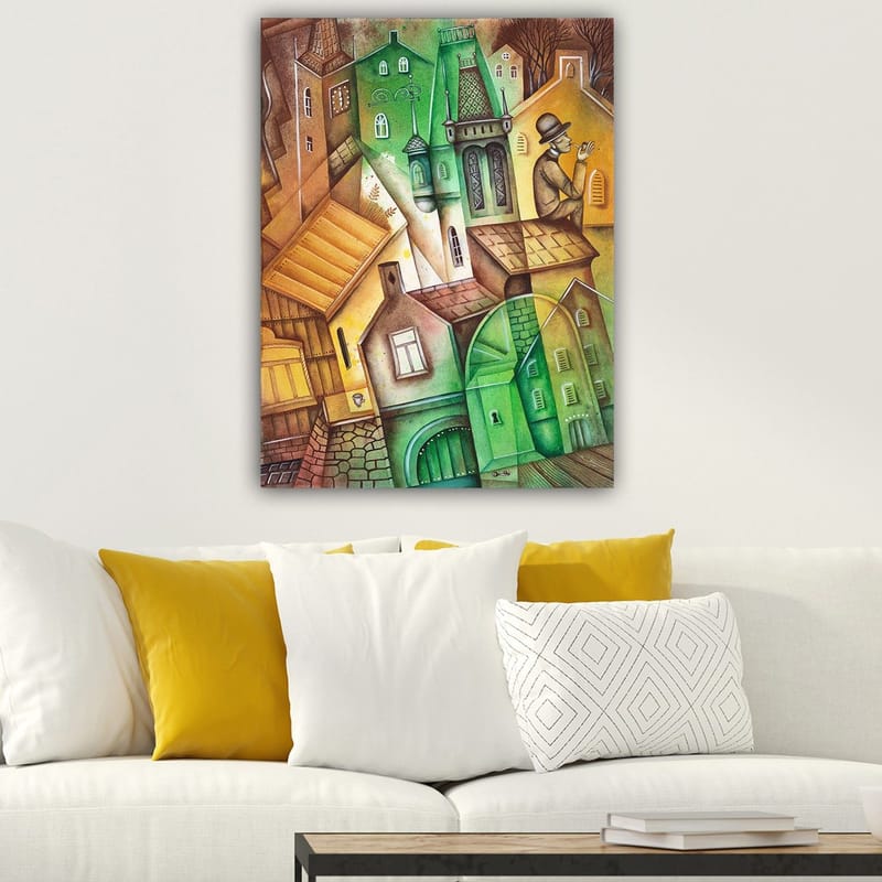 Lerretsbilde 70x100 cm - Fantasifullt bybilde med forvrengte hus og en mann i hatt som står og ser på omgivelsene - Grønn / Brun / Gul - Innredning - Bilder & kunst - Lerretsbilder